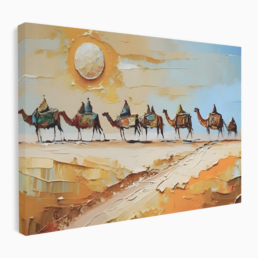 Tablou canvas cu pictura cu caravana de camile in desert, fara rama, pe sasiu de lemn